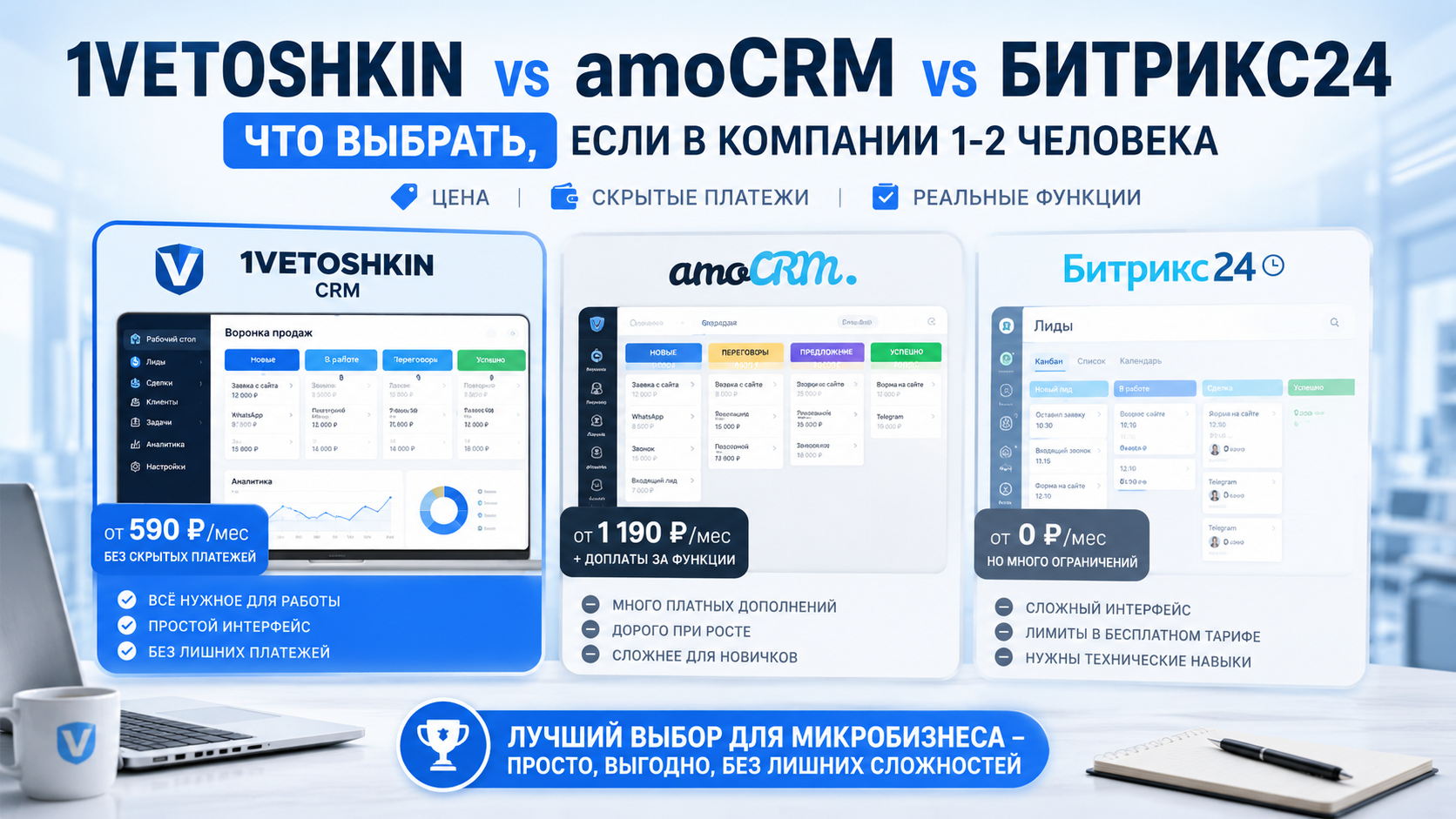 1vetoshkin vs amoCRM vs Битрикс24: что выбрать, если в компании 1-2 человека